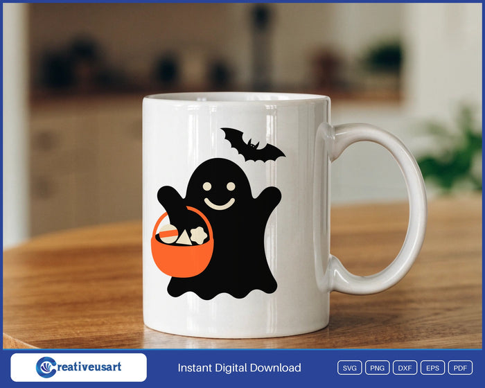 Trick or treat ghost with candy bucket Halloween SVG design on a white coffee mug
