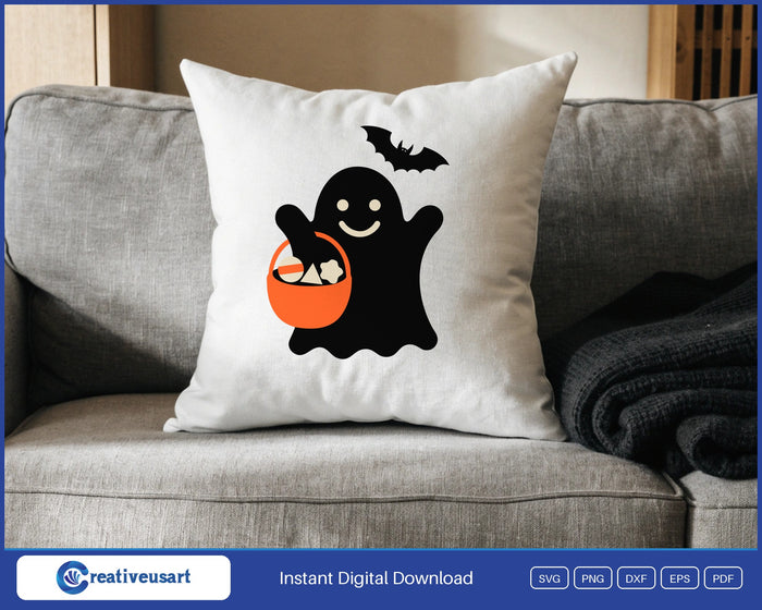 Trick or treat ghost with candy bucket Halloween SVG design on a white throw pillow