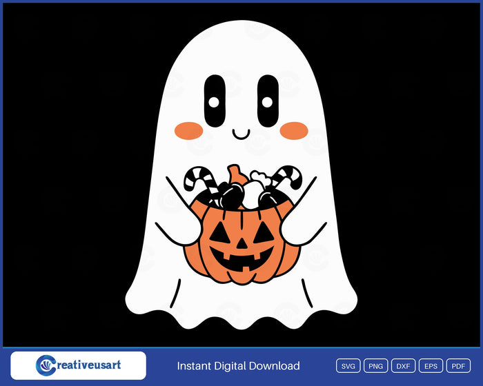 Cute ghost with jack o lantern candy bucket Halloween SVG design on black background