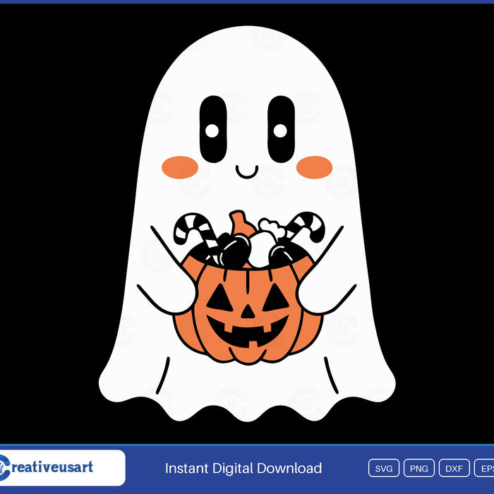 Cute ghost with jack o lantern candy bucket Halloween SVG design on black background