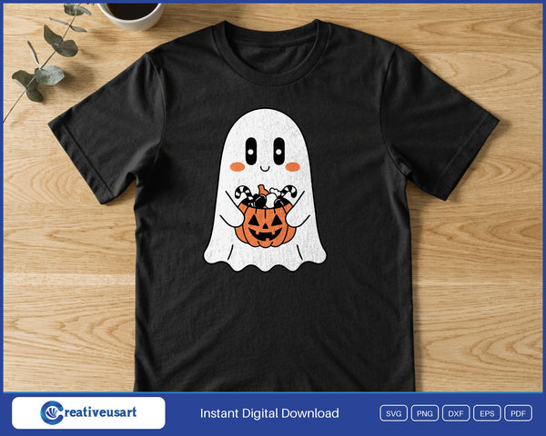 Cute Ghost With Jack O Lantern Candy Bucket SVG PNG Digital Printable Files - on a t-shirt