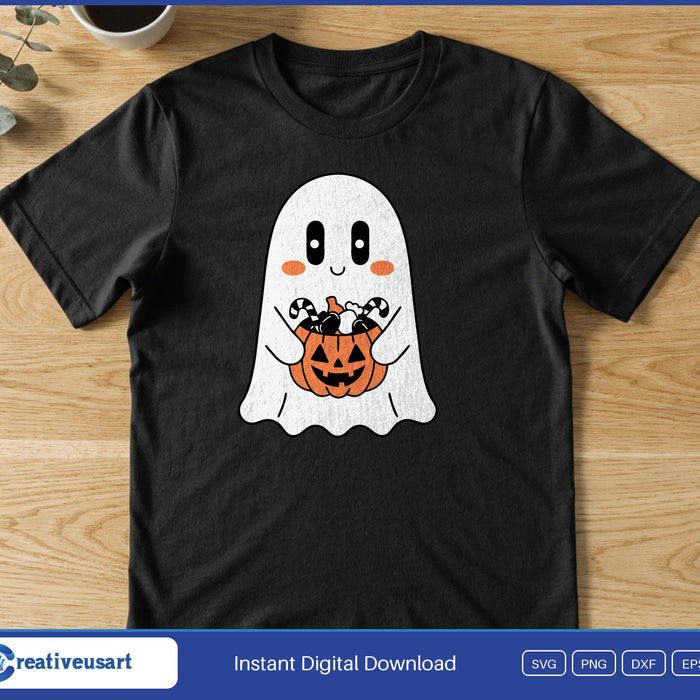 Cute ghost with jack o lantern candy bucket Halloween SVG printed on a black t-shirt