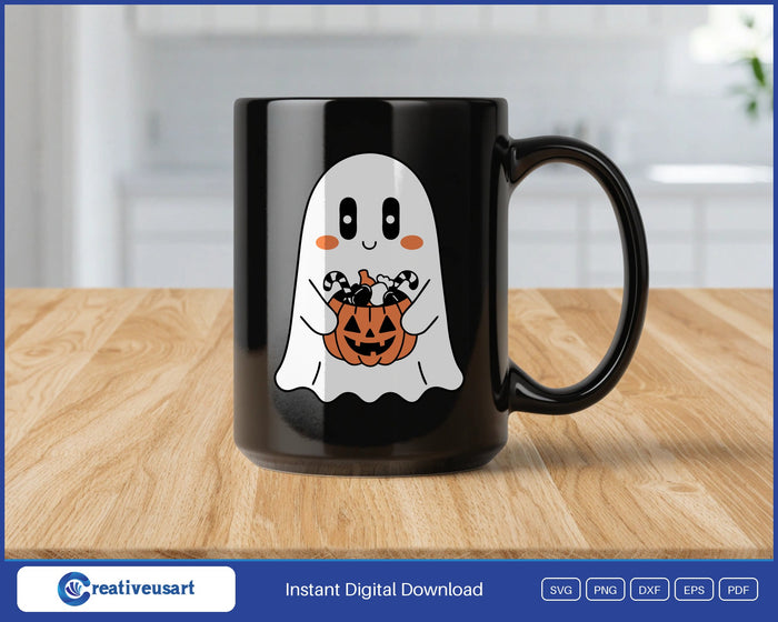 Cute ghost with jack o lantern candy bucket Halloween SVG design on a black coffee mug