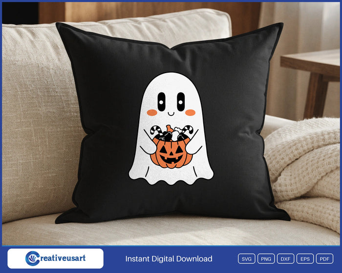 Cute ghost with jack o lantern candy bucket Halloween SVG design on a black throw pillow
