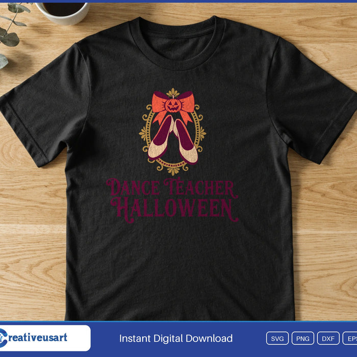 Pink ballet flats under a jack-o-lantern bow in a gold frame, above the words Dance Teacher Halloween, on a black t-shirt