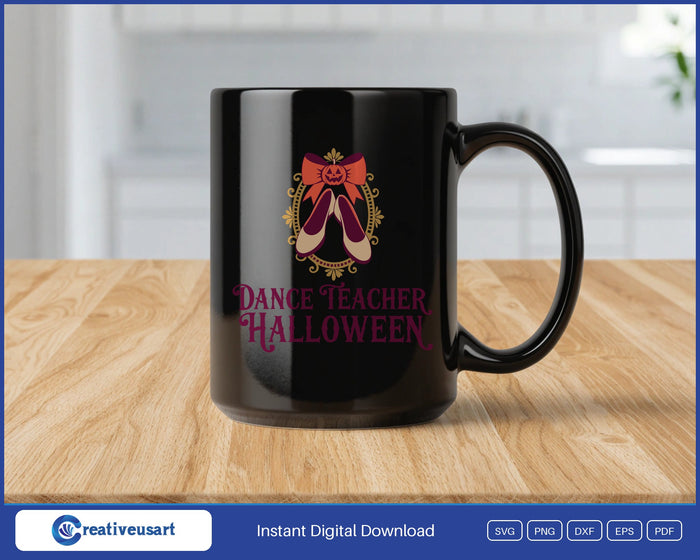 Dance Teacher Halloween with ballet flats and a jack o lantern bow in a gold frame SVG design on a black coffee mug