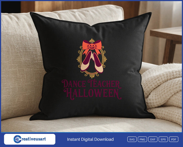 Dance Teacher Halloween with ballet flats and a jack o lantern bow in a gold frame SVG design on a black throw pillow