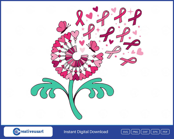 Dandelion breast cancer awareness SVG with heart seeds blowing into pink ribbons and butterflies, a support gift for a survivor, on white background