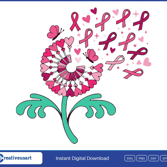 Dandelion breast cancer awareness SVG with heart seeds blowing into pink ribbons and butterflies, a support gift for a survivor, on white background