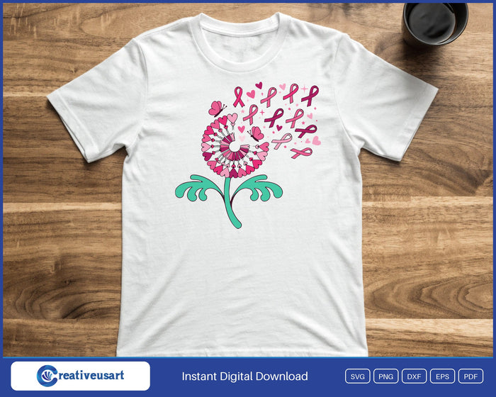 Dandelion pink ribbon breast cancer support SVG printed on a white t-shirt for a survivor or her walk team