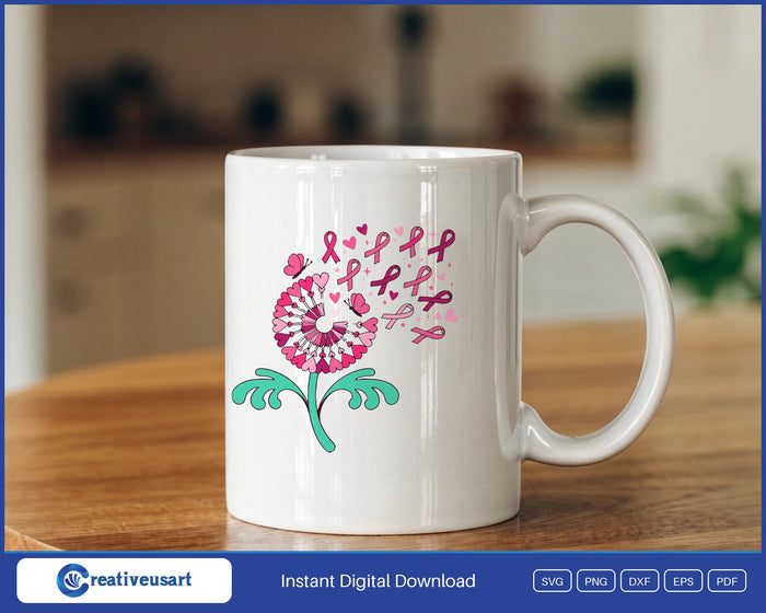 Dandelion pink ribbon breast cancer support SVG on a white coffee mug, a gift for a fighter