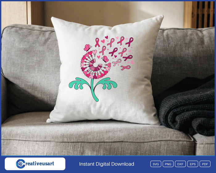 Dandelion pink ribbon breast cancer support SVG on a white throw pillow, a comfort gift