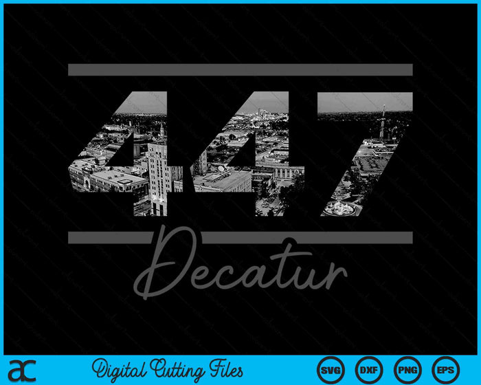 Decatur 447 Netnummer Skyline Illinois Vintage SVG PNG digitale snijbestanden 