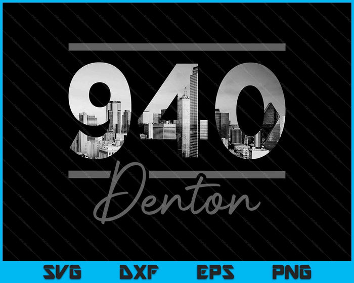 Denton 940 Código de área Skyline Texas Vintage SVG PNG Cortar archivos imprimibles