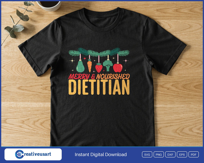 Dietitian Christmas Merry & Nourished design printed on a black t-shirt