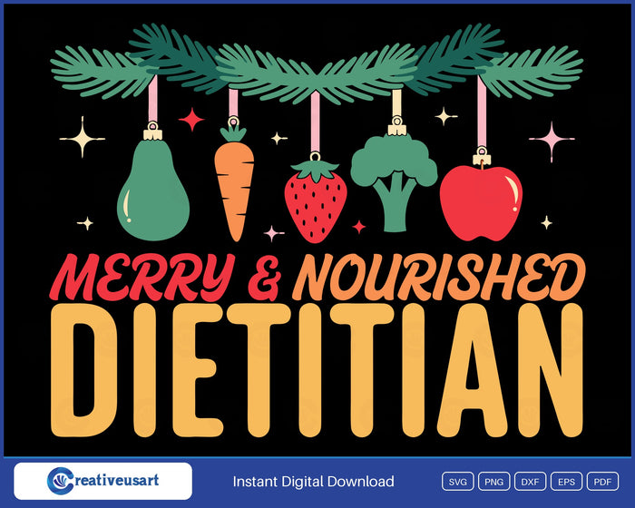 Dietitian Christmas Merry & Nourished SVG, fruit and vegetable ornaments hanging from a pine garland