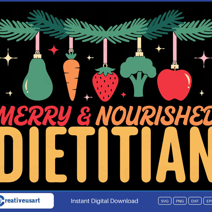 Dietitian Christmas Merry & Nourished SVG, fruit and vegetable ornaments hanging from a pine garland
