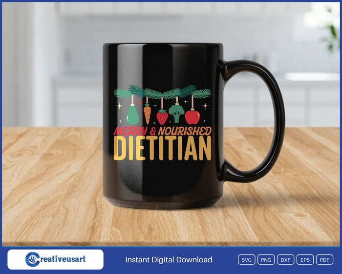 Dietitian Christmas Merry & Nourished design on a black coffee mug