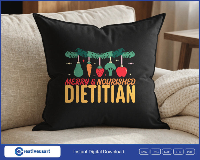 Dietitian Christmas Merry & Nourished design on a black throw pillow