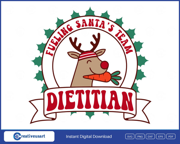 Dietitian Christmas Fueling Santa's Team SVG, a reindeer in a striped sweatband crunching a carrot inside a holly badge