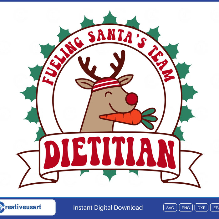 Dietitian Christmas Fueling Santa's Team SVG, a reindeer in a striped sweatband crunching a carrot inside a holly badge