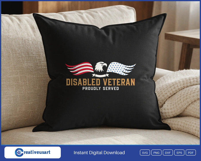 Disabled Veteran Proudly Served eagle flag design on a black throw pillow