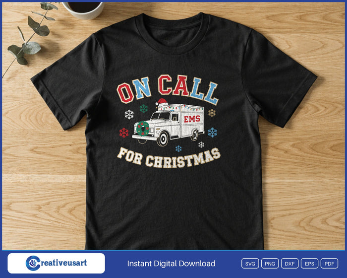 EMS On Call For Christmas design printed on a black t-shirt