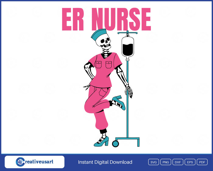 ER Nurse Skeleton With IV Pole Halloween SVG - ER Nurse skeleton , skeleton nurse in pink scrubs leaning on an IV pole