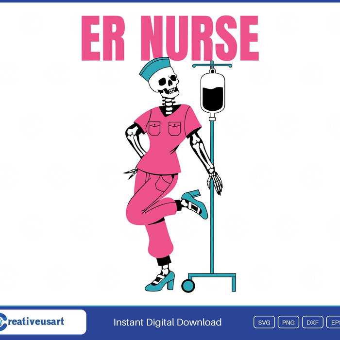 ER Nurse Skeleton With IV Pole Halloween SVG - ER Nurse skeleton , skeleton nurse in pink scrubs leaning on an IV pole