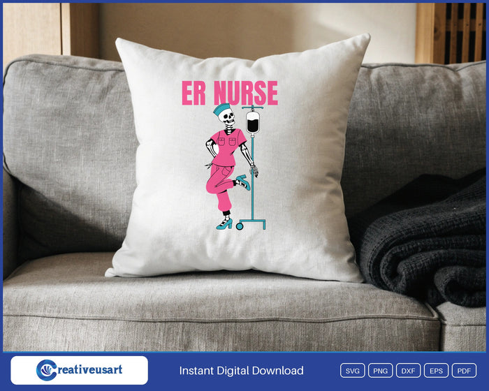 ER Nurse skeleton SVG design on a throw pillow