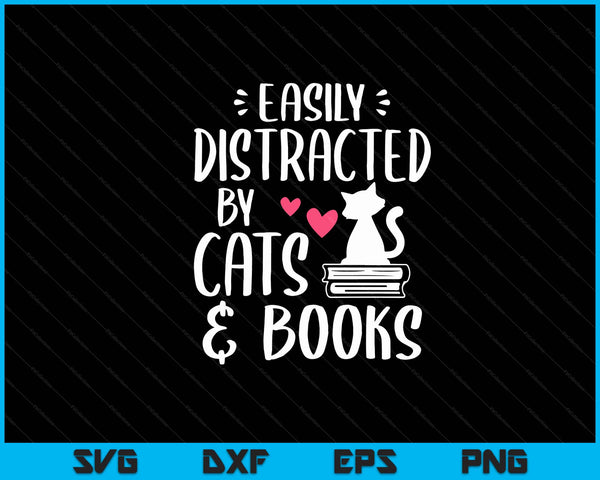 Easily Distracted By Cats And Books Cat & Book Lover Sleeve SVG PNG Digital Cutting Files