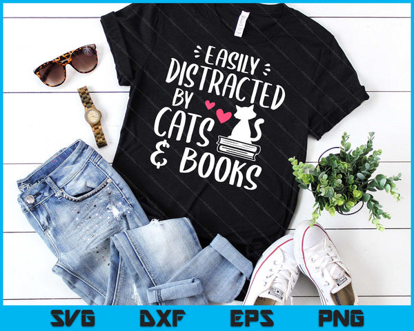 Easily Distracted By Cats And Books Cat & Book Lover Sleeve SVG PNG Digital Cutting Files