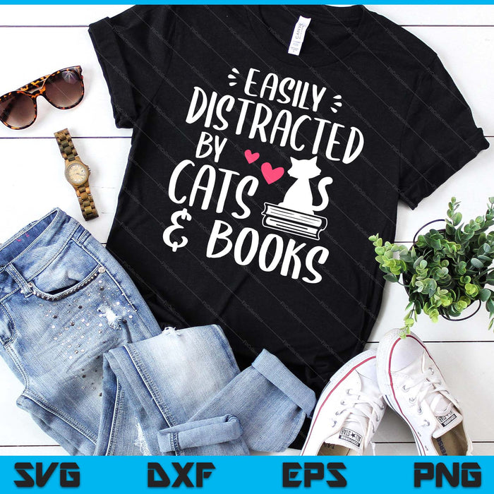 Easily Distracted By Cats And Books Cat & Book Lover Sleeve SVG PNG Digital Cutting Files