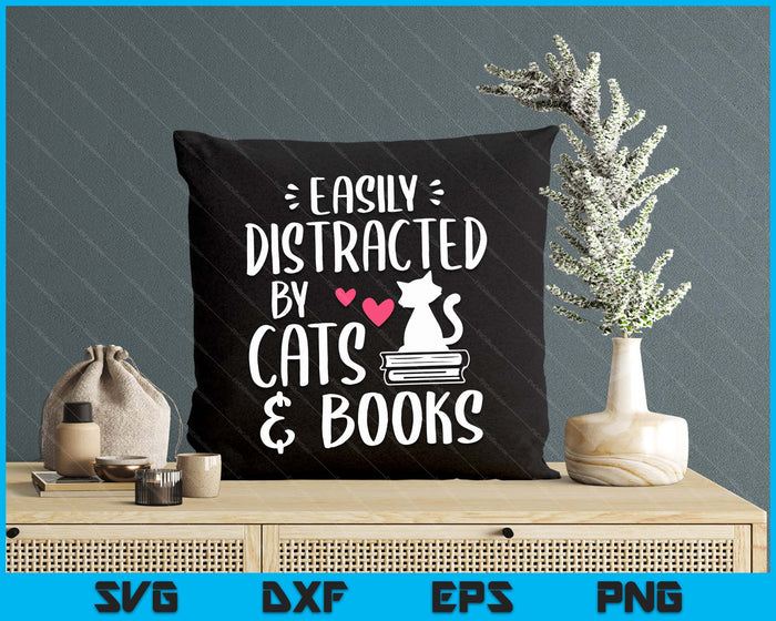 Easily Distracted By Cats And Books Cat & Book Lover Sleeve SVG PNG Digital Cutting Files