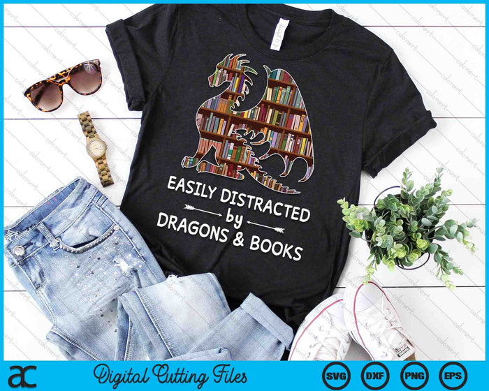 Easily Distracted By Dragon and Books SVG PNG Cutting Printable Files