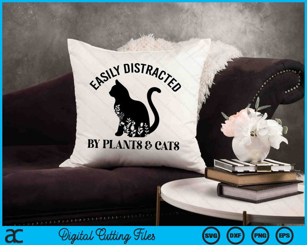Easily Distracted By Plants & Cats Botanical Floral Cute Cat SVG PNG Digital Cutting Files
