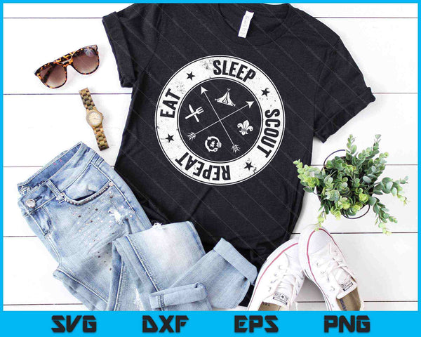 Eat Sleep Scout Repetir Scouting Amante Supervivencia SVG PNG Cortar archivos imprimibles - on a t-shirt