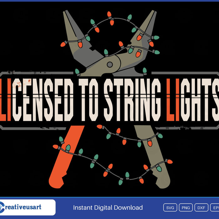 Licensed To String Lights crossed linesman pliers SVG printed on a black t-shirt