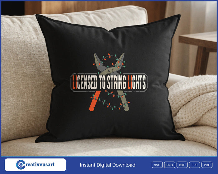Licensed To String Lights crossed linesman pliers SVG design on a black throw pillow