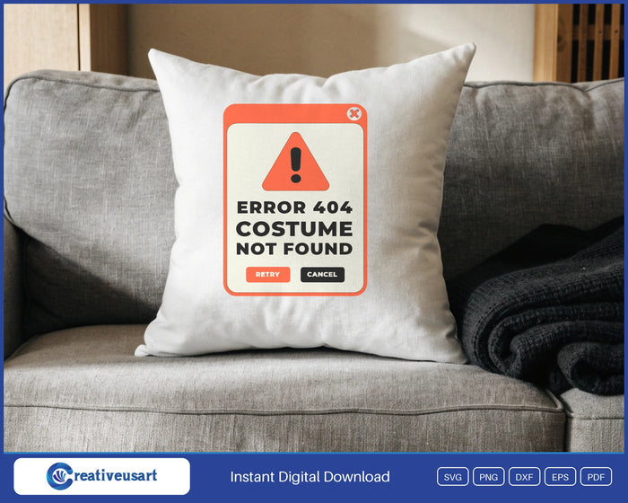 Error 404 Costume Not Found SVG design on a throw pillow