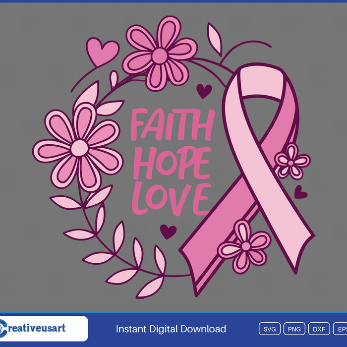 Faith Hope Love floral wreath pink ribbon SVG design on black background