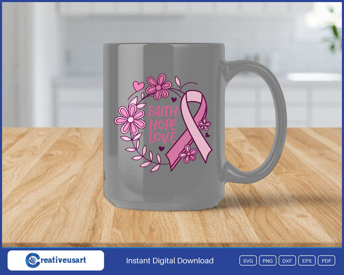 Faith Hope Love floral wreath SVG design on a black coffee mug