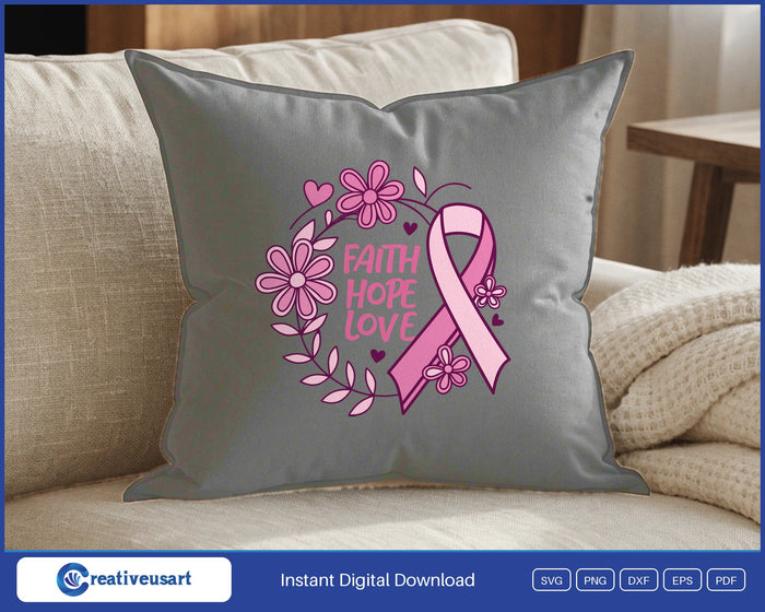 Faith Hope Love floral wreath SVG design on a black throw pillow