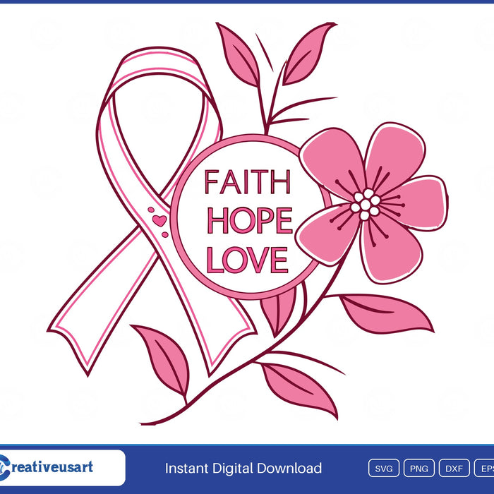 Faith Hope Love ribbon blossom breast cancer SVG design on black background