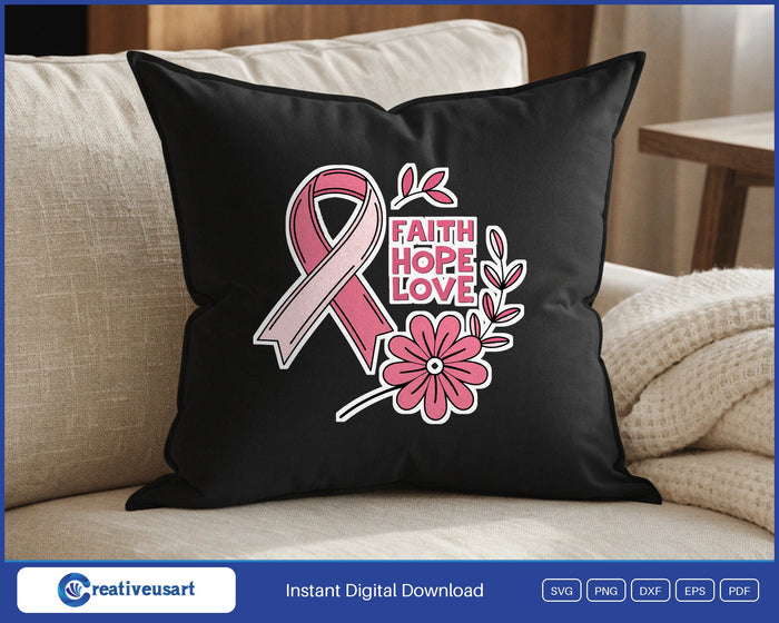 Faith Hope Love ribbon and flower SVG design on a black throw pillow