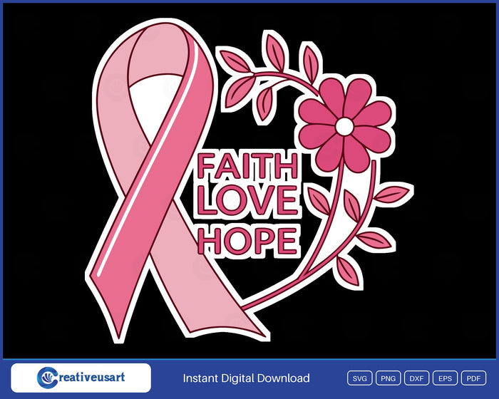 Faith Love Hope, a pink ribbon beside a flowering vine SVG design on a white background