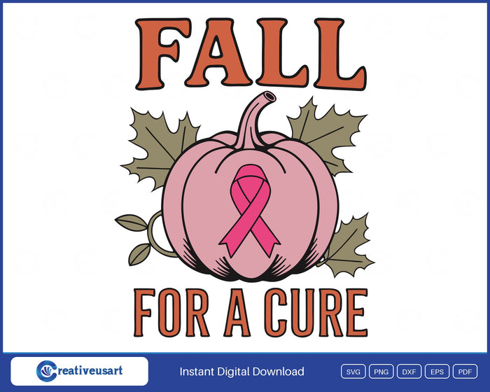 Fall For A Cure, a pink pumpkin carved with a ribbon and framed by autumn leaves SVG design on a white background