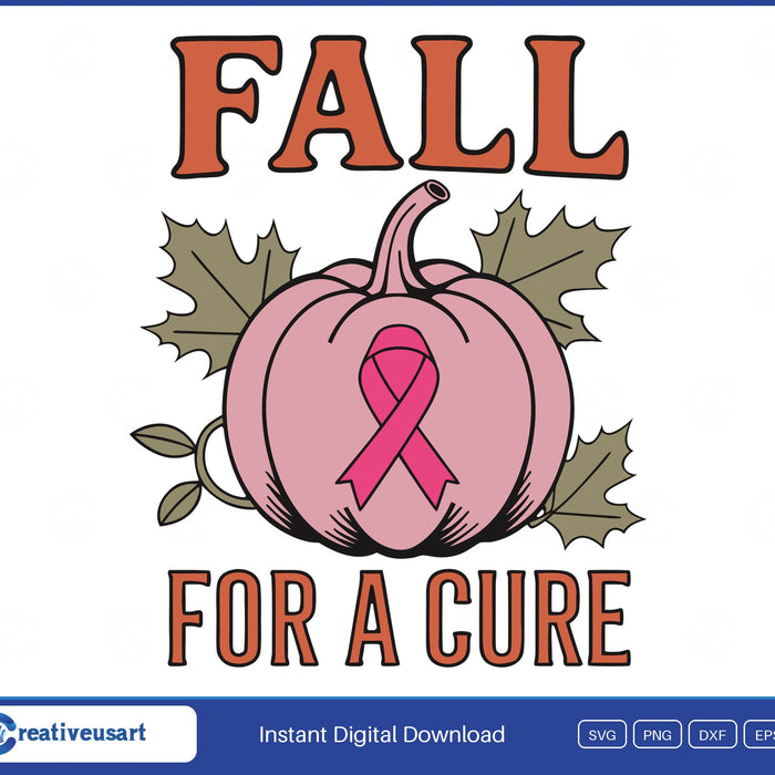 Fall For A Cure, a pink pumpkin carved with a ribbon and framed by autumn leaves SVG design on a white background