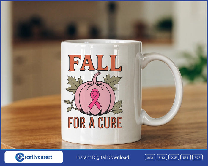 Fall For A Cure pink pumpkin with a ribbon and autumn leaves SVG design on a white coffee mug