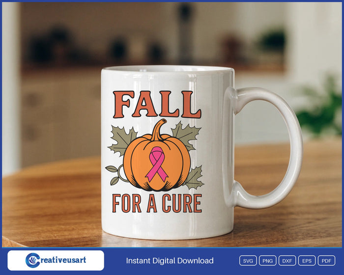 Fall For A Cure orange pumpkin with a pink ribbon and autumn leaves SVG design on a white coffee mug